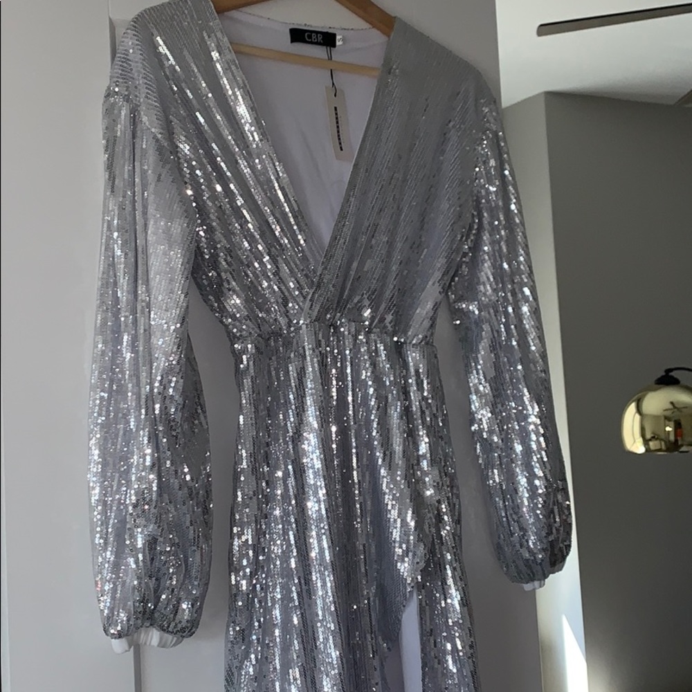 CBR sequin silver wrap midi back dress